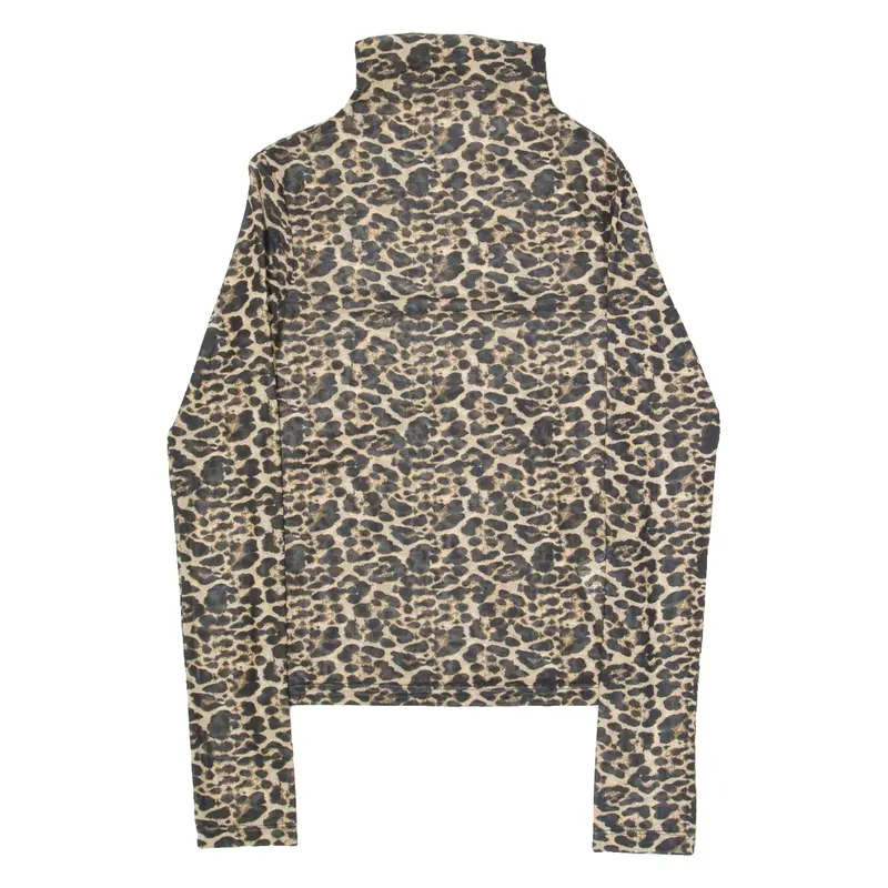 BERSHKA Mesh Womens Printed Top Beige High Neck Long Sleeve Animal Print XS