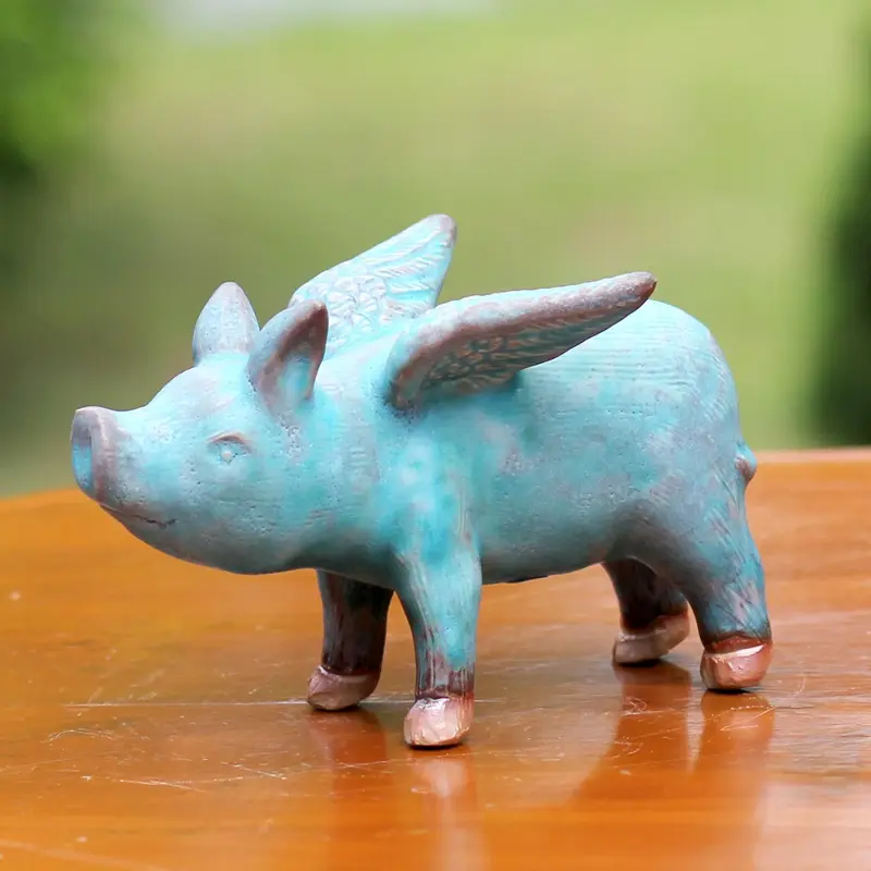 NOVICA Blue Flying Pig Winged Pig Ceramic Sculpture