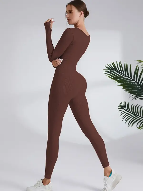 Women's Solid Tummy Control Long Sleeve Sports Jumpsuit, Trendy Sporty One-piece Jumpsuit, Women Sportswear Clothing, Please ...