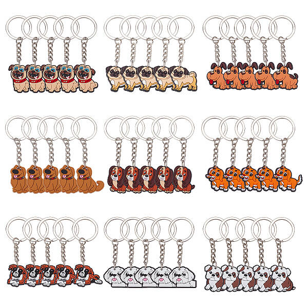 45Pcs 9 Style Cute Cartoon PVC Plastic Dog Pendant Keychain