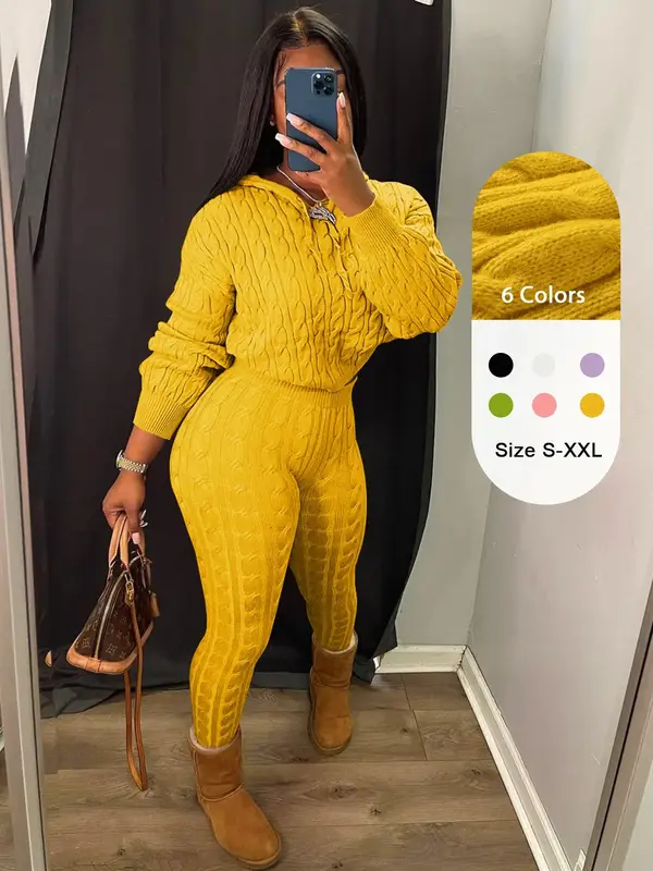 Two-piece Set Women's Solid Drop Shoulder Cable Knit Crop Sweater & High Waist Pants, Casual Fashion Cozy Plush Outfits for D...