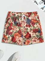 Men's Floral Print Drawstring Waist Shorts, Regular Fit Bohemian Casual Pocket Shorts for Summer, Men's Boho Bottoms for Beac...