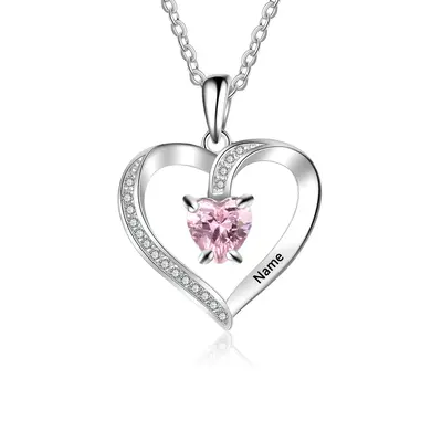 14K White Gold Heart Cut Personalized Birthstone Engraving & Mother Pendant Necklace