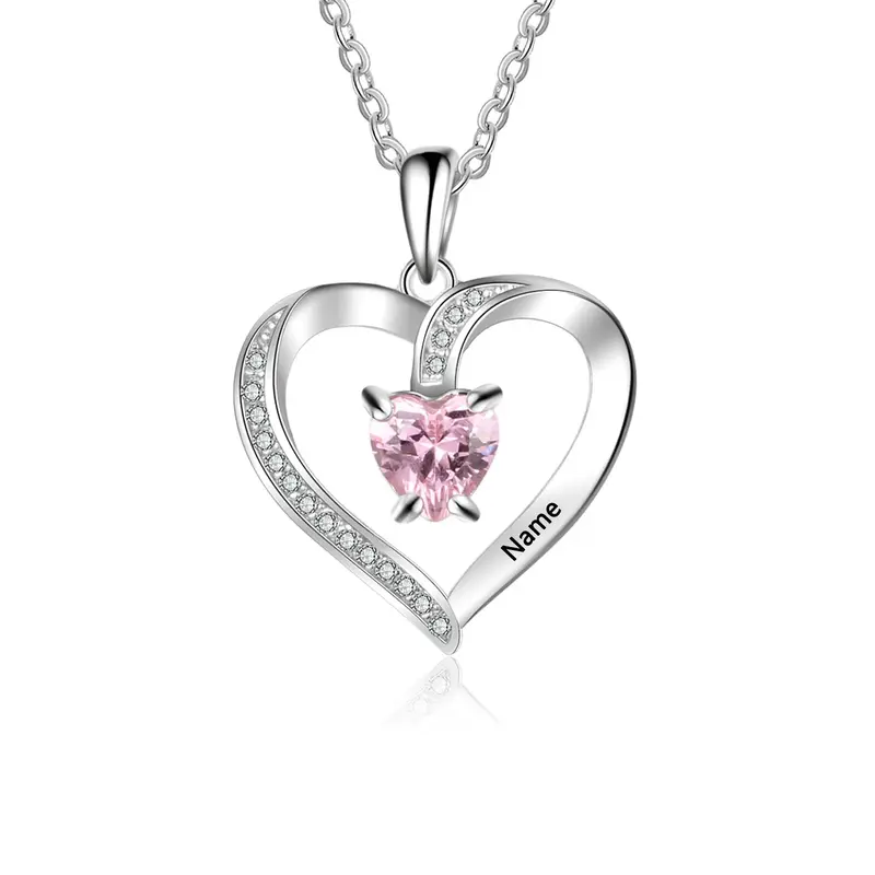 14K White Gold Heart Cut Personalized Birthstone Engraving & Mother Pendant Necklace