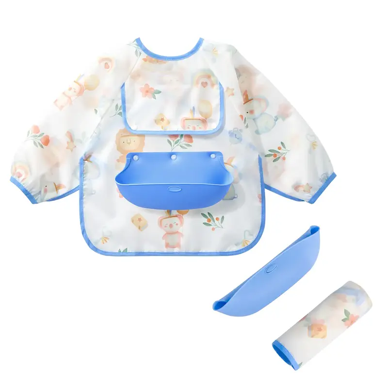 Long Sleeve Bib with Silicone Catch Pocket, Waterproof Feeding Bibs for Toddlers, Machine Washable, Baby Smock Bib for Mealti...