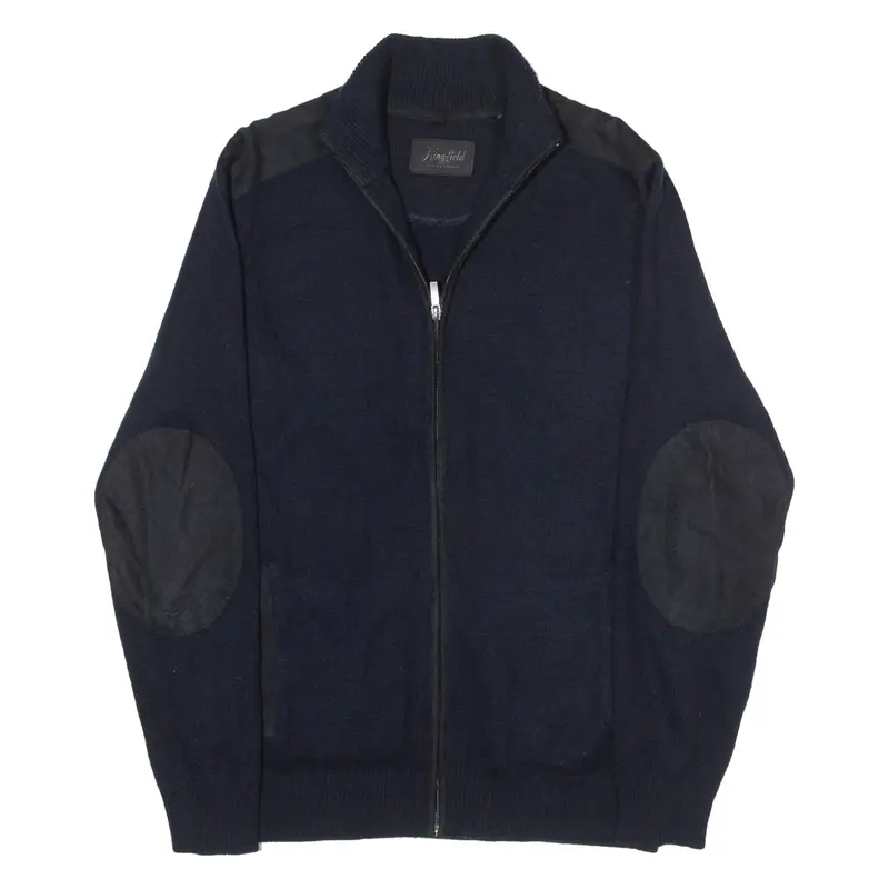 KINGFIELD Military Mens Cardigan Blue High Neck Tight Knit Wool S
