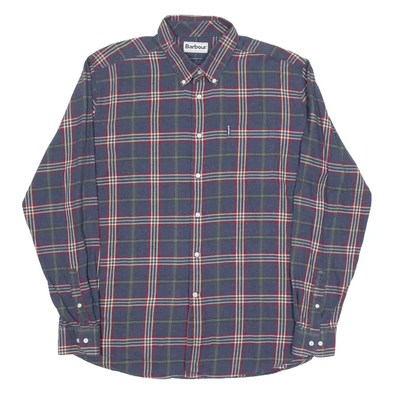 BARBOUR Tailored Fit Mens Flannel Shirt Blue Check Long Sleeve XL