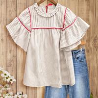 SageVell Striped Pleated Blouse with Ruffle Sleeves & Red Contrast Trim Top,Patchwork Lace Up Top