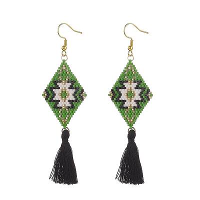 Glass Seed Braided Rhombus with Tassel Dangle Earrings