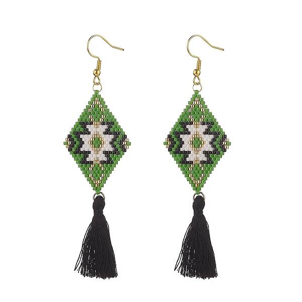 Glass Seed Braided Rhombus with Tassel Dangle Earrings
