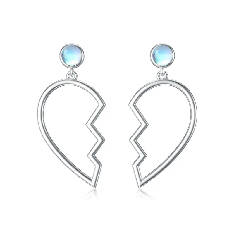 Sterling Silver Round Moonstone Angel Wing & Heart Drop Earrings
