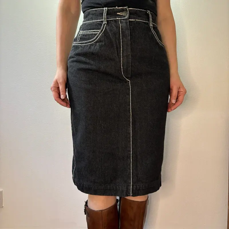Les Copains Midi Denim Skirt - 26W UK 6 Black Cotton