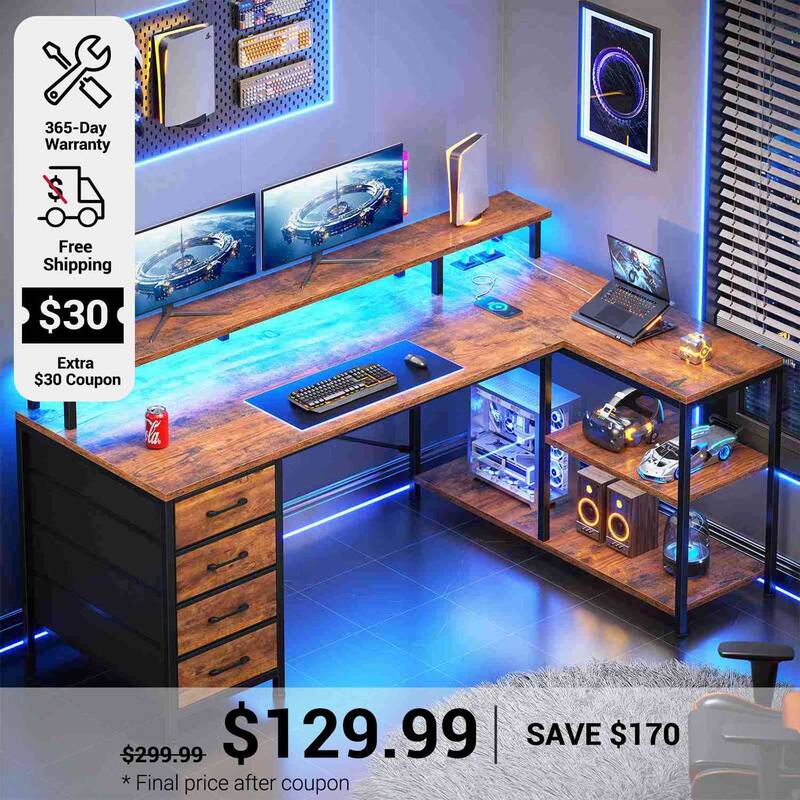 SEDETA ® 47.2 Inch L Shaped Gaming Desk with LED Lights Power Outlets Computer Desk 4 Drawers and Storage Shelves Rustic Bro...