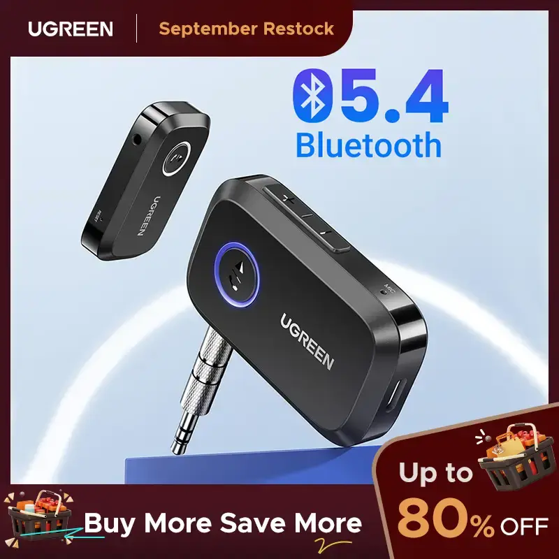 UGREEN 5.4 Aux Bluetooth Adapter for Car, Wireless FM Transmitter, 3.5mm aux Audio Receiver for Home Stereo/Wired Speaker, 15...