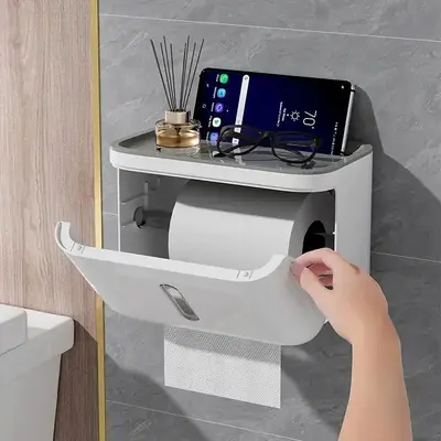 Wall-mounted Toilet Tissue Dispenser with Top Shelf for Phone, 1 Count Waterproof Toilet Tissue Holder, Free Punching Phone H...