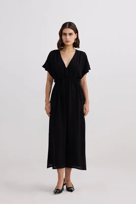 V-neck Gathered Maxi Dress in Black | Color: Black | Size: M