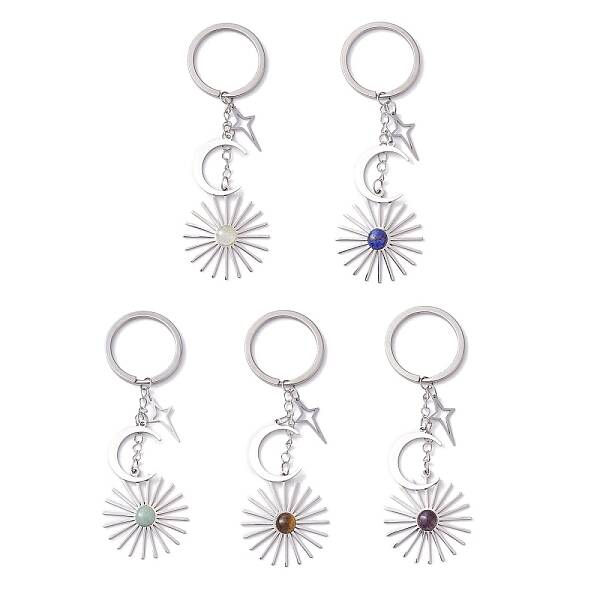 Stainless Steel with Natural Gemstone Pendants Keychain