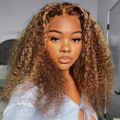 Highlight Kinky Curly Lace Front Wig TL412 Piano Color Ombre Honey Blonde Human Hair Wigs / ISEE HAIR