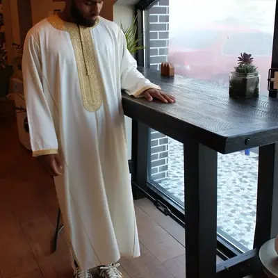 BaxxThobes Authentic Full Sleeves Moroccan Luxury High-Quality Wedding Nikkah Thobes in White Cotton Fabric with Intricate Em...