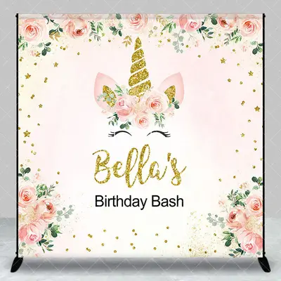 Aperturee Unicorn Floral Custom Name Birthday Bash Backdrop, 3X3FT(1X1M), 15 USD, custom birthday backdrops, DZHJ07882-O