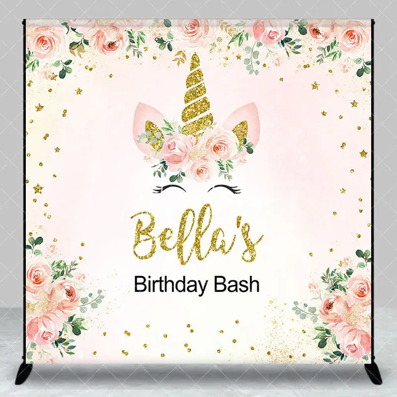 Aperturee Unicorn Floral Custom Name Birthday Bash Backdrop, 3X3FT(1X1M), 15 USD, custom birthday backdrops, DZHJ07882-O