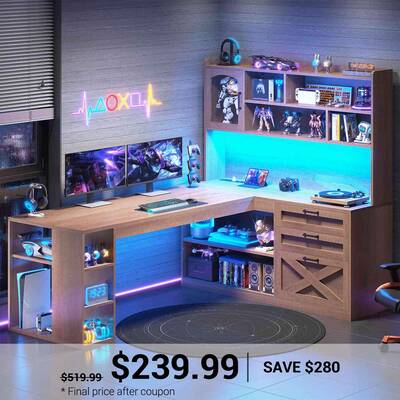 SEDETA 61 Inch Farmhouse Gaming Desk L Shaped Office Computer Desk with Display Cabinet Drawers Storage Shelves LED Light Pow...