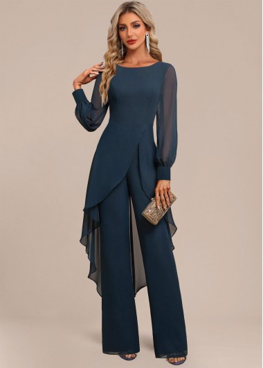 Modlily Peacock Blue Patchwork Long Scoop Neck Jumpsuit - L