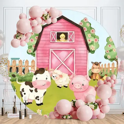 Aperturee Pink Farm House And Animals Round Birthday Backdrop