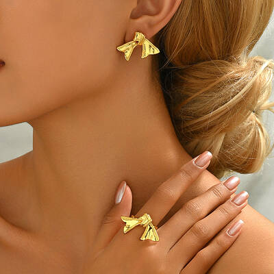 Luxury Bowknot Brass Stud Earrings & Cuff Ring Set