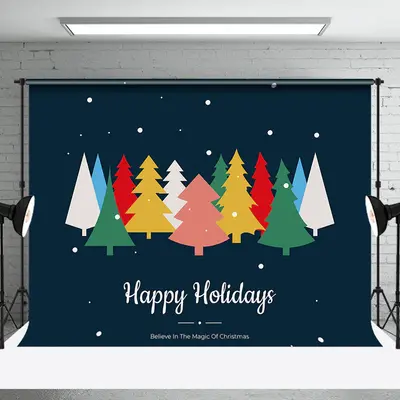 Aperturee Colorful Pine Trees Blue Happy Holidays Backdrop - Aperturee