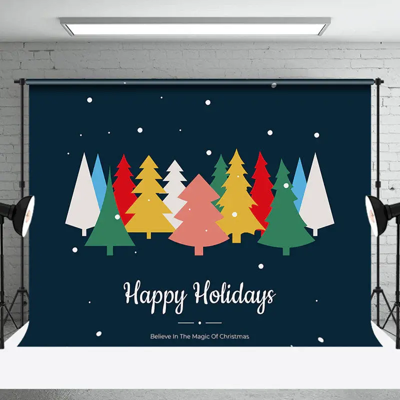 Aperturee Colorful Pine Trees Blue Happy Holidays Backdrop - Aperturee