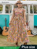 【Plus Size】 Floral Print Ruffle Hem Belted Butterfly Sleeve A Line Vintage Dress, Summer Clothes Boho Contrast Lace V Ne...