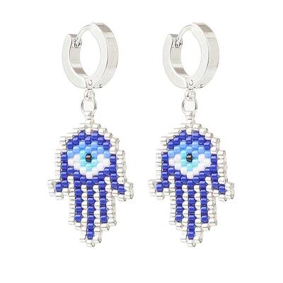 Glass Seed Braided Hamsa Hand with Evil Eye Dangle Hoop Earrings