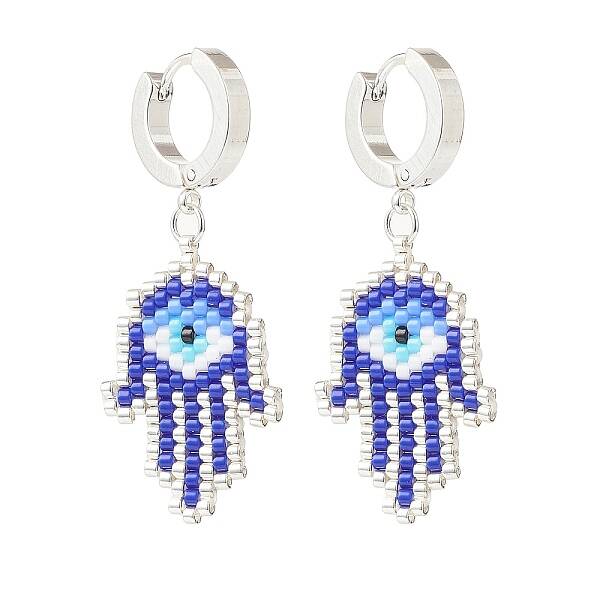 Glass Seed Braided Hamsa Hand with Evil Eye Dangle Hoop Earrings