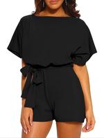 Women's Solid Color Tie Waist Romper, Minimalist Casual Short Sleeve Romper for Spring & Fall, Ladies Clothes for Daily Wear