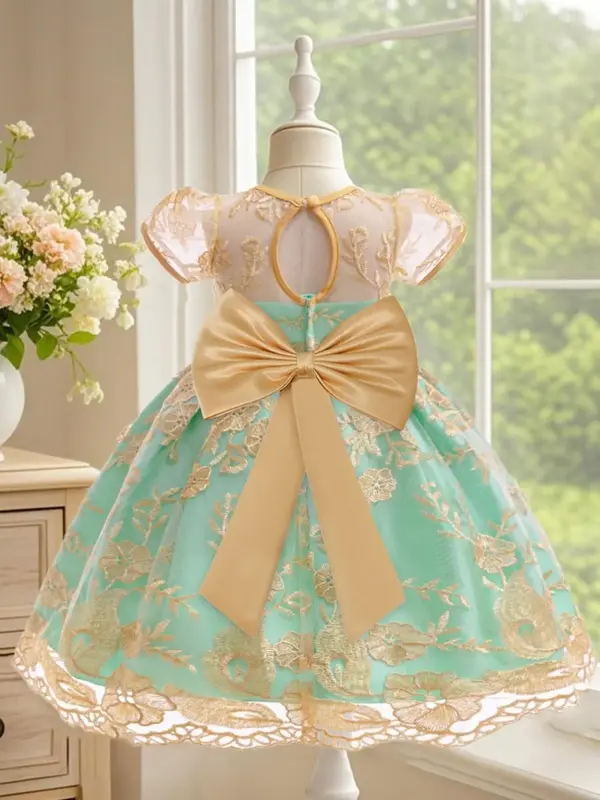 Toddler Girl's Floral Embroidery Sweater Dress, Elegant Contrast Mesh Puff Sleeve Dress for Party Wedding Guest, Kids Clothes...