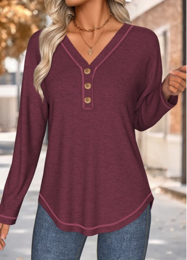 Modlily Wine Red Tummy Coverage Long Sleeve T Shirt - L
