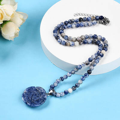Natural Blue Spot Jasper 4.5mm Round Beaded Flower Pendant Necklaces