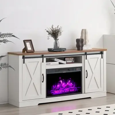 [Ships in 2 Boxes] AMERLIFE TWO Size Fireplace TV Stand Sliding Barn Door Wood Entertainment Center with an Electric Fireplac...