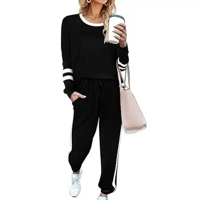 Women 2 Piece Outfits Sweat Long Sleeve Round Neck Pullover Top Pocket Drawstring Pants Set, 2024 Comfor Daily Basic Travel O...