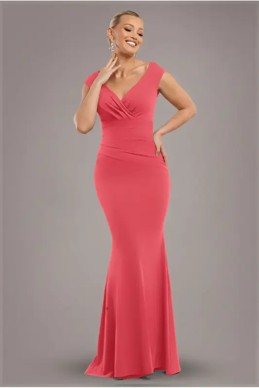 Goddiva Bardot Pleated Maxi Dress - Coral