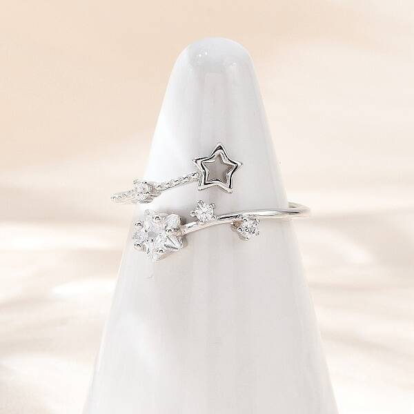 Star Sterling Silver Cubic Zirconia Adjustable Open Cuff Rings for Women