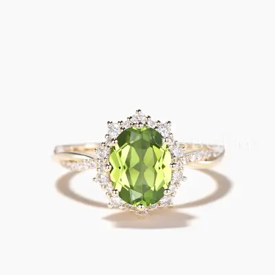 Diamond Twisted Ring 1.5CT Oval Cut Natural Peridot Halo Engagement Ring