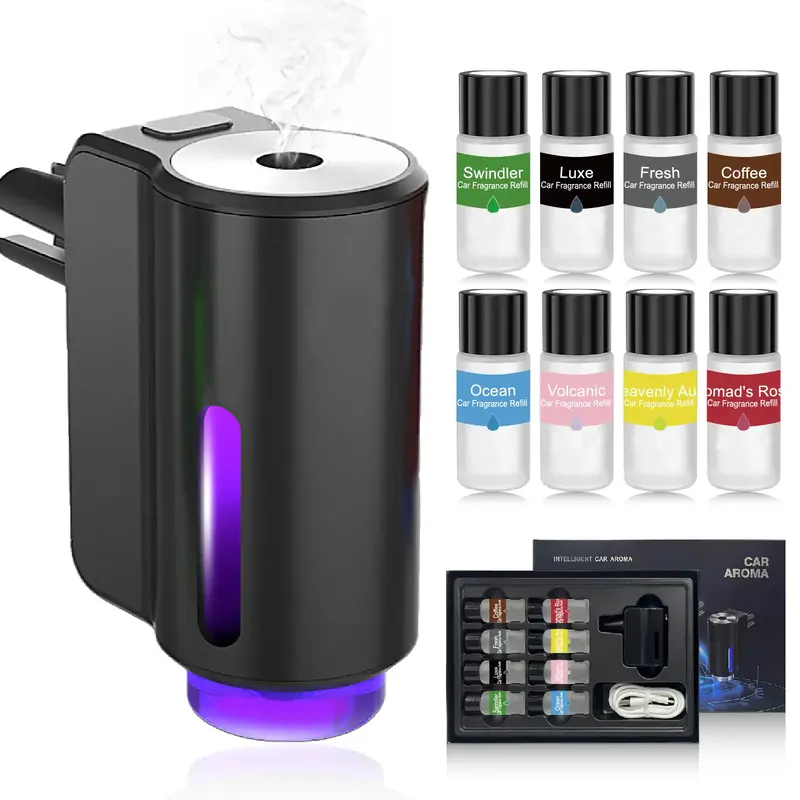 Smart Car Air Freshener with 3/8*10ML Natural French Perfume, Three Adjustable Concentration Scent Levels, Portable Waterless...
