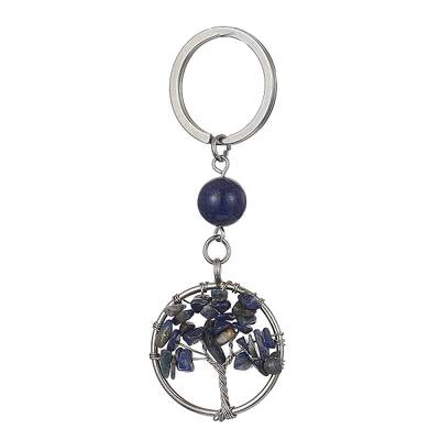 Natural Lapis Lazuli Chips Flat Round with Tree of Life Kcychain