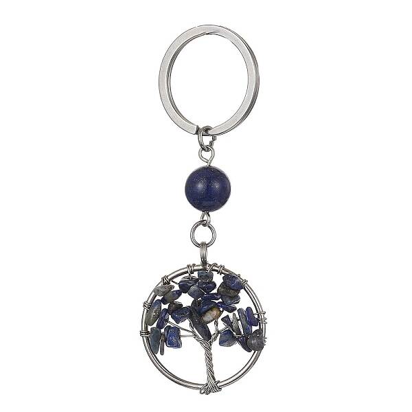Natural Lapis Lazuli Chips Flat Round with Tree of Life Kcychain