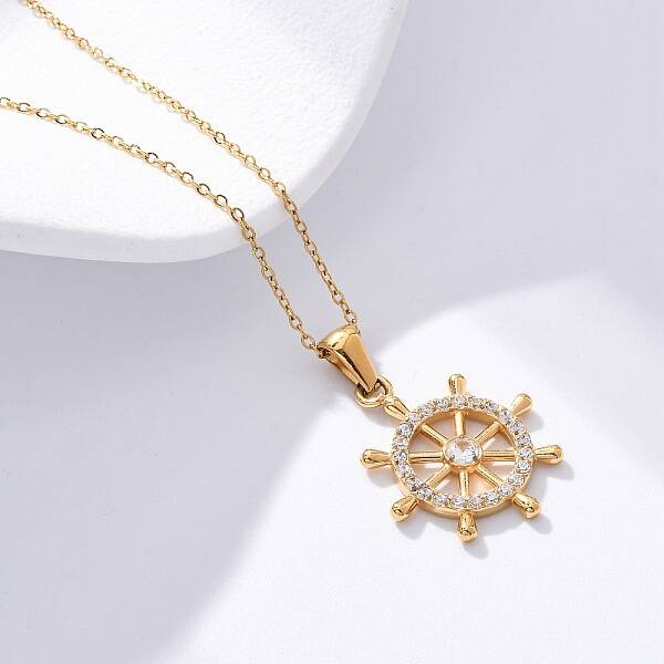 304 Stainless Steel Crystal Rhinestone Helm Pendant Necklaces