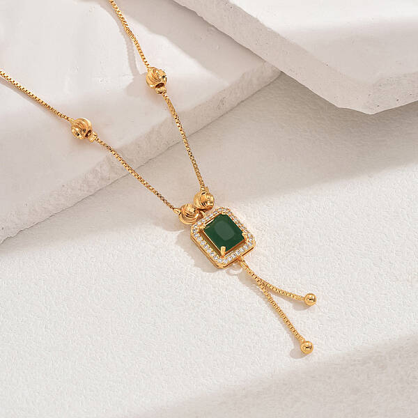 Fashionable Vintage Brass & Glass Tassel Rectangle Pendant Necklaces for Women