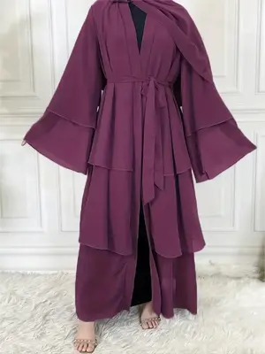 Women's Solid Belted Tiered Layer Flounce Sleeve Kaftan Dress, Elegant Long Sleeve Open Front Dress for Spring & Fall, Women'...
