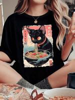 Women's Cartoon Cat & Ramen Print Round Neck Tee, Fashion Casual Drop Shoulder Short Sleeve T-shirt, Ladies Summer Clothes fo...